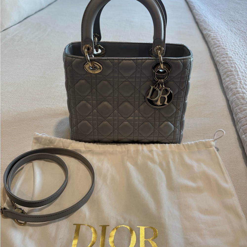 Dior LADY DIOR Medium Metallic Gray Quilted Bag - Authentic - Picture 12 of 14
